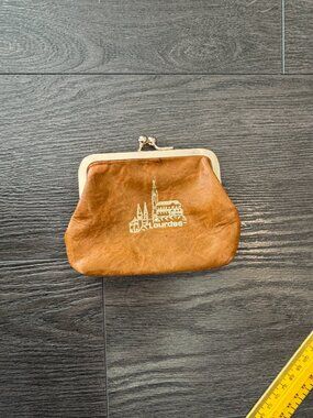 Antique French Souvenir coin Leather Purse Lourdes France Vintage Made in France